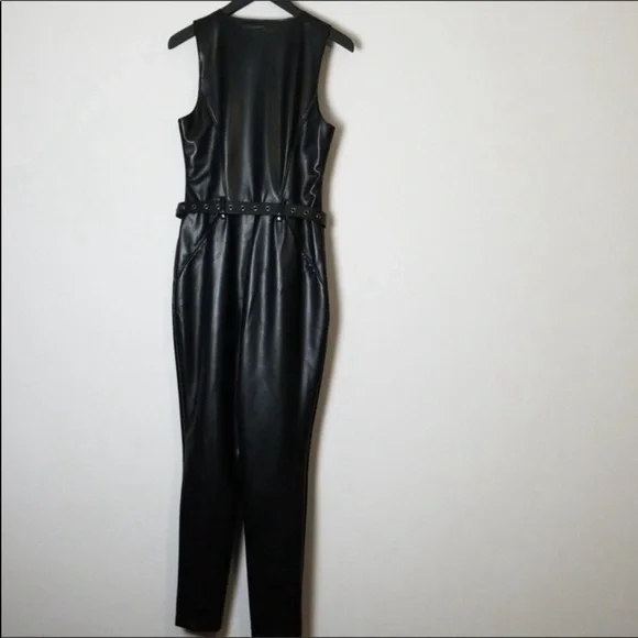 Guess Sandra Faux Leather Moto Belted Jumpsuit Black - Picture 6 of 8